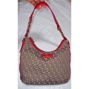 DKNY Handbag Monogram Brown Red Trim